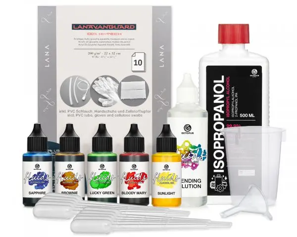 Octopus Fluids Alcohol-Ink Starterset Circle Bloody Mary, Sunlight, Sapphire, Lucky Green, Brownie 1