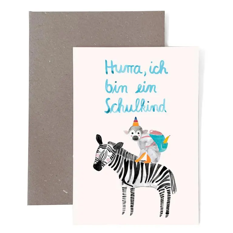 Klappkarte Zur Einschulung *Schulkind* Mit Zebra 1