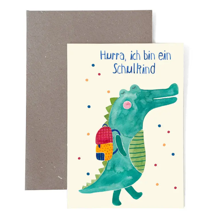 Klappkarte Zur Einschulung *Schulkind* Mit Krokodil 1