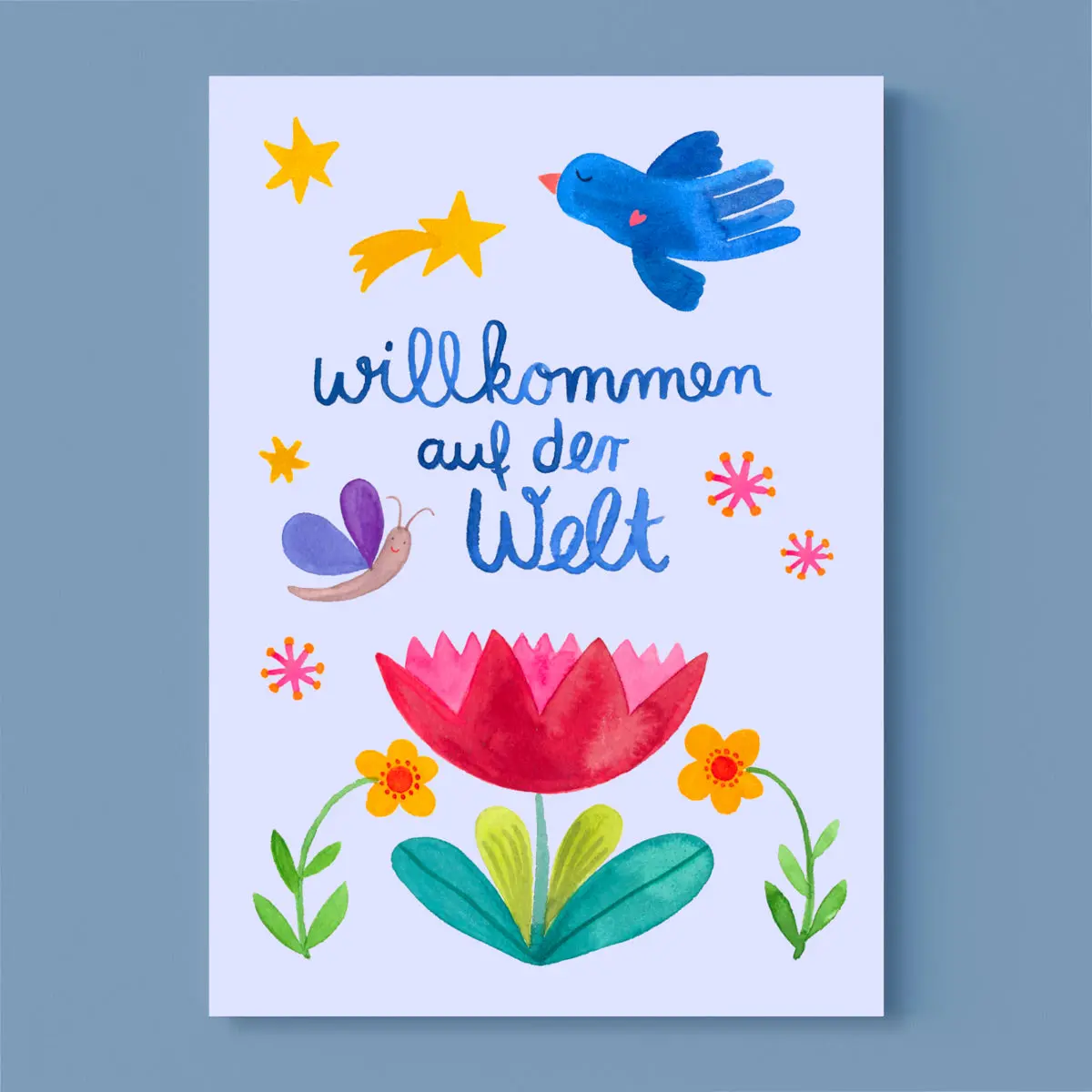 Postkarte Zur Geburt *Willkommen* Mit Blumen Und Vogel 1