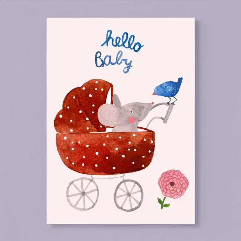 Karte Zur Geburt *Hello Baby* Mit Maus Im Kinderwagen 1