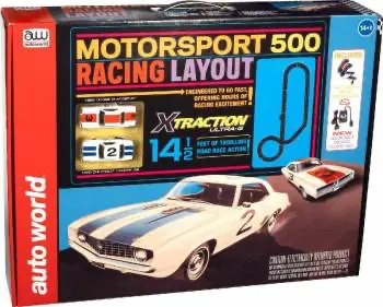 Auto World 14' Motorsport 500 Slot Race Set W/1969 Camaro And Challenger 1