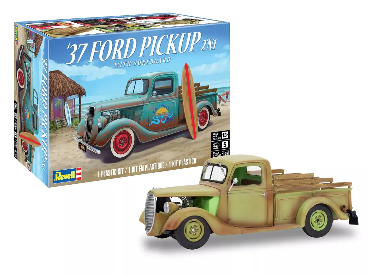 Revell 1/25 1937 Ford Pickup 2’N1 W/Surfboard Model Kit: Level 5 1