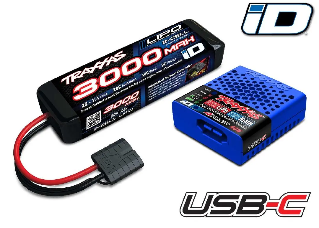 Traxxas 2S 3000Mah Lipo W/Usb-C Completer Pack: Titan 12T/Bl-2S 1