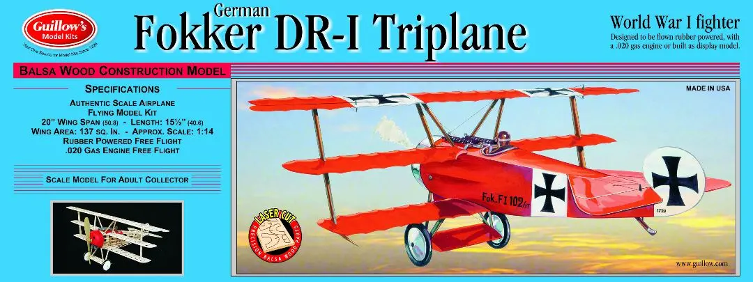 Guillow's 1/12 Fokker Dr-1 Triplane Laser Cut Model Kit 1