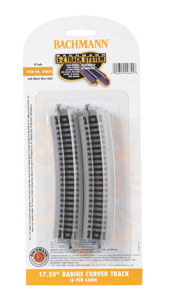 Bachmann N Scale Nickel Silver 17.50” Radius Curved Ez Track (6) 1
