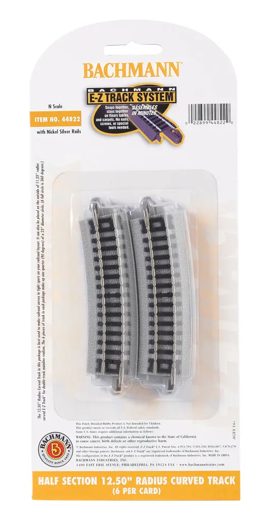Bachmann N Scale Nickel Silver Half Section 12.50” Radius Curved Ez Track (6) 1